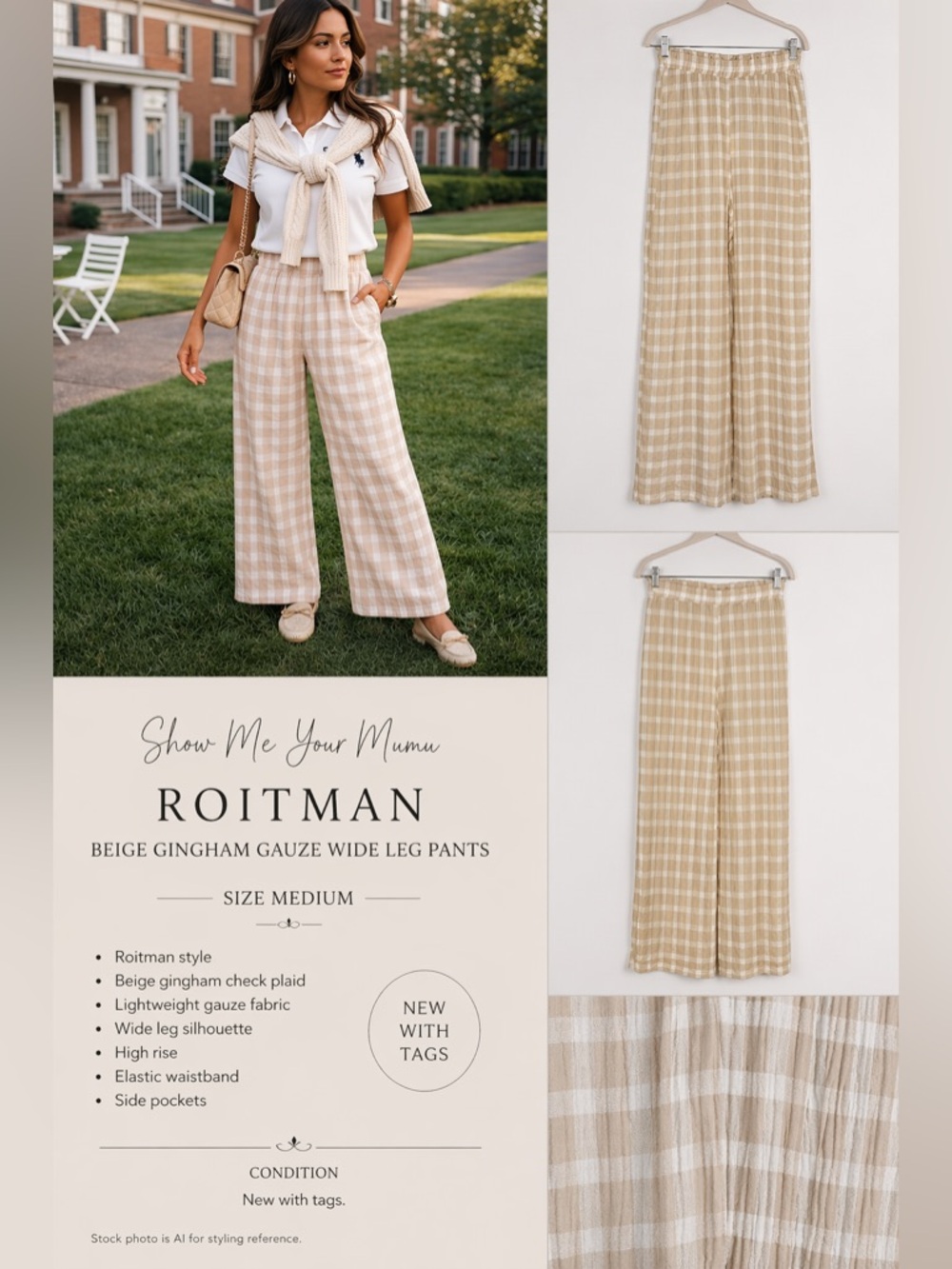 Show Me Your Mumu “Roitman” Beige Gingham Gauze Wide Leg Pants Size M NEW